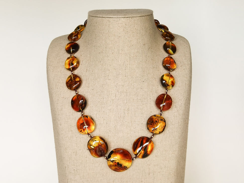Thumbnail: Large coin shape royal cognac color natural amber statement necklace