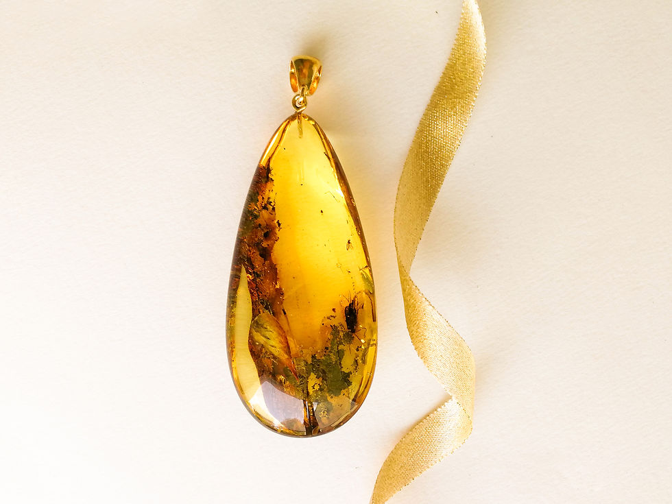 Thumbnail: Tall drop shape genuine amber pendant with insect in light yellow color