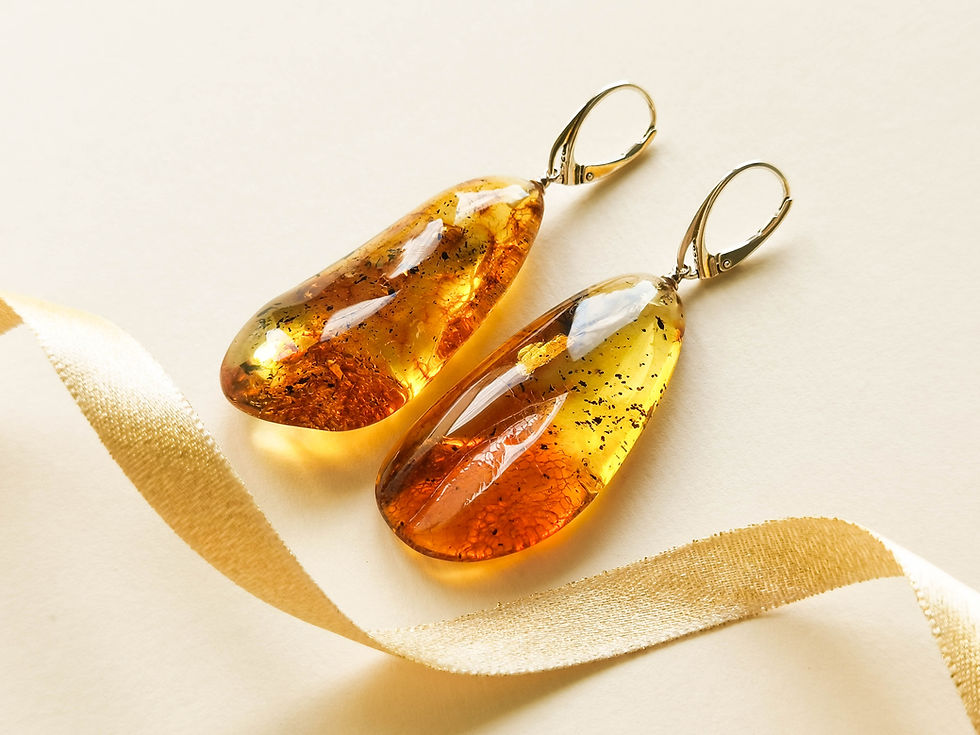 Thumbnail: Very large cognac color amber drop earrings with insects