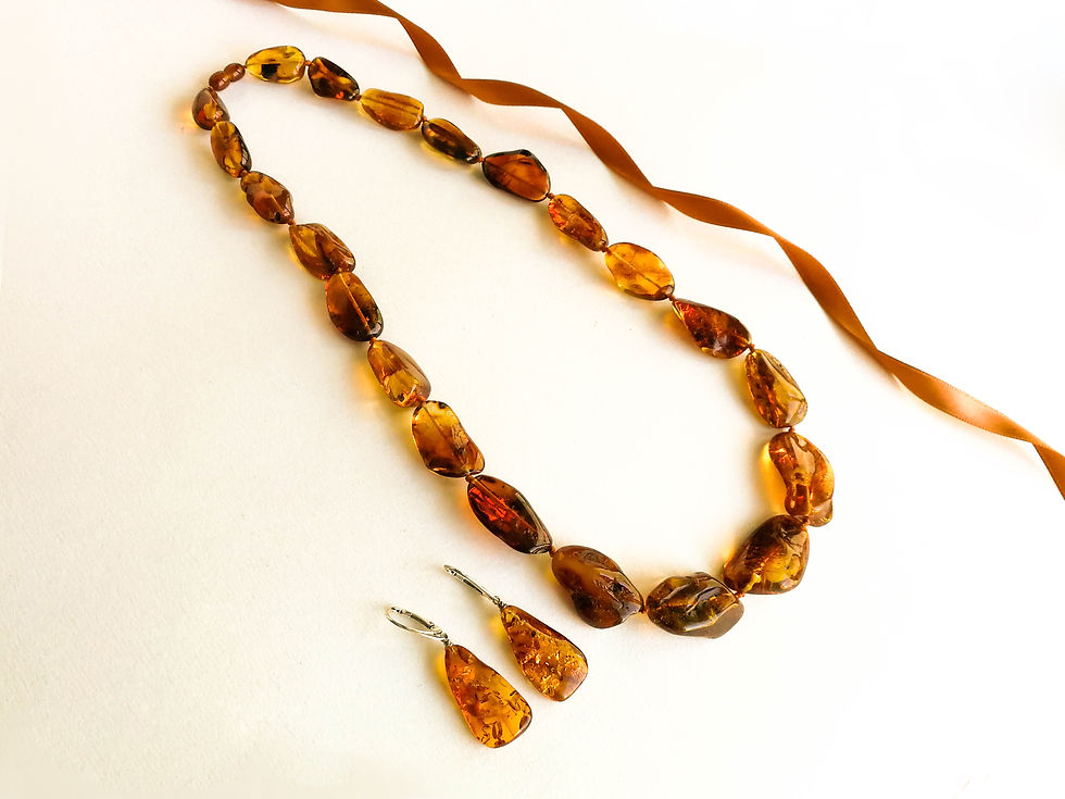 Thumbnail: Natural shapes intense cognac color genuine amber necklace and earrings set