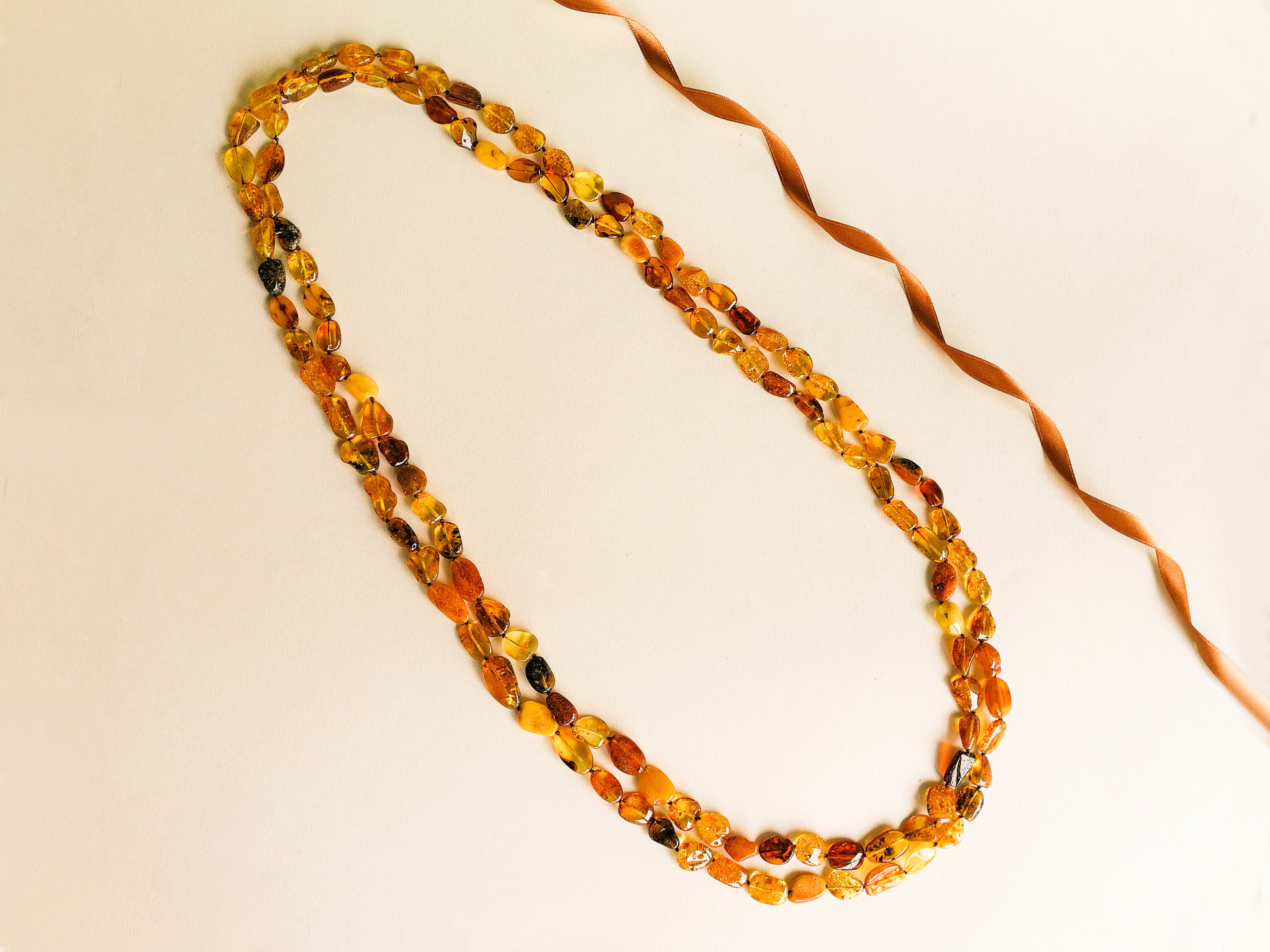 Super long cognac colors natural beans amber necklace