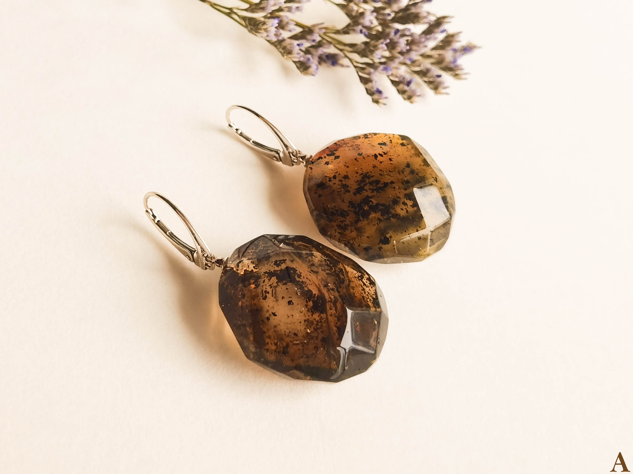 Natural Baltic amber large faceted dangle earrings in dark green color