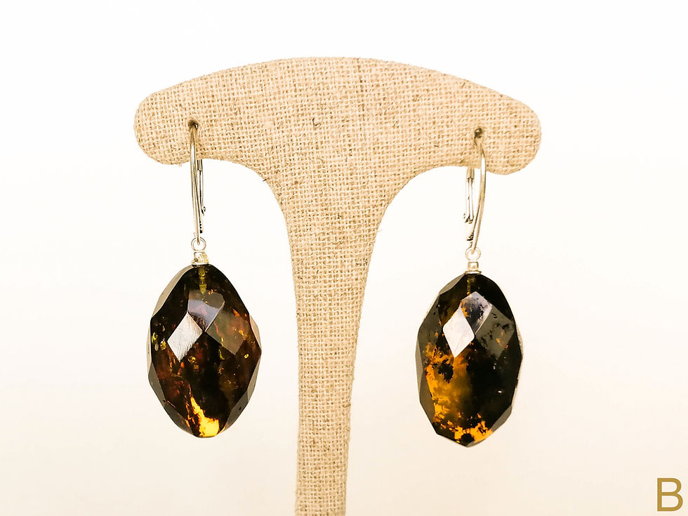Thumbnail: Dark green color natural amber faceted oval earrings