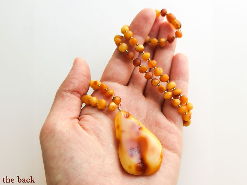 Thumbnail: Natural not heated amber matt yellow pendant on baroque beads necklace