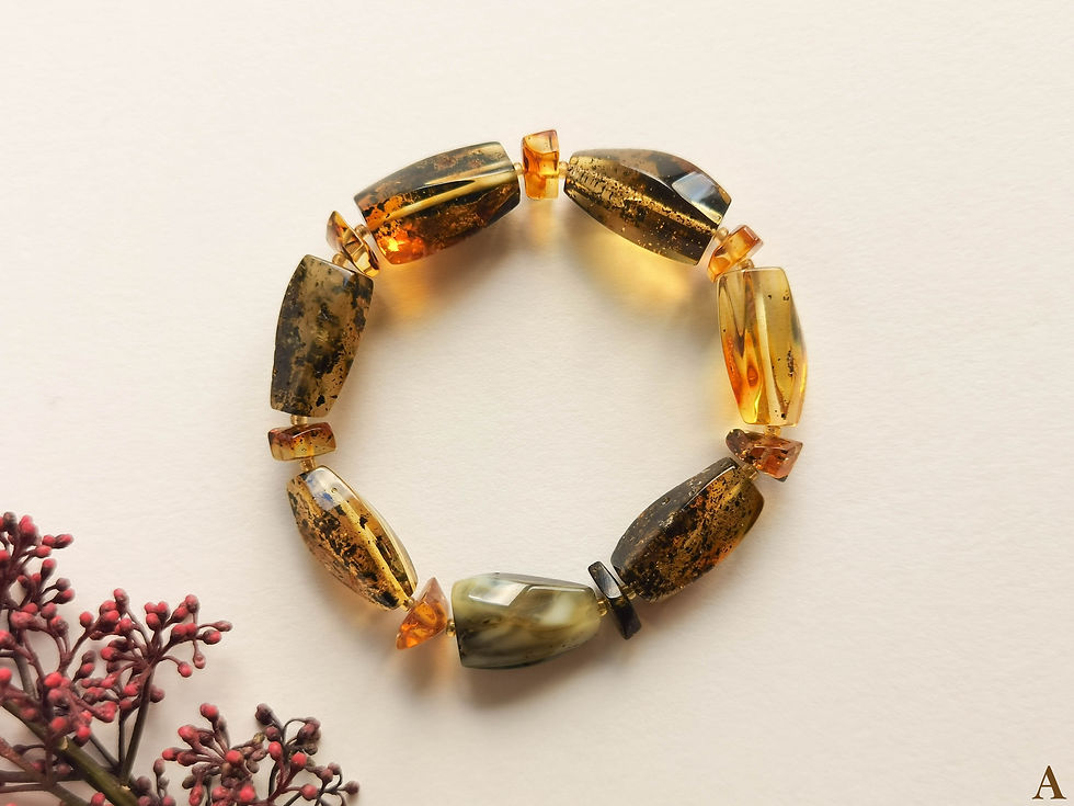 Thumbnail: Natural Baltic amber rectangle beads green, gray, yellow colors bracelet