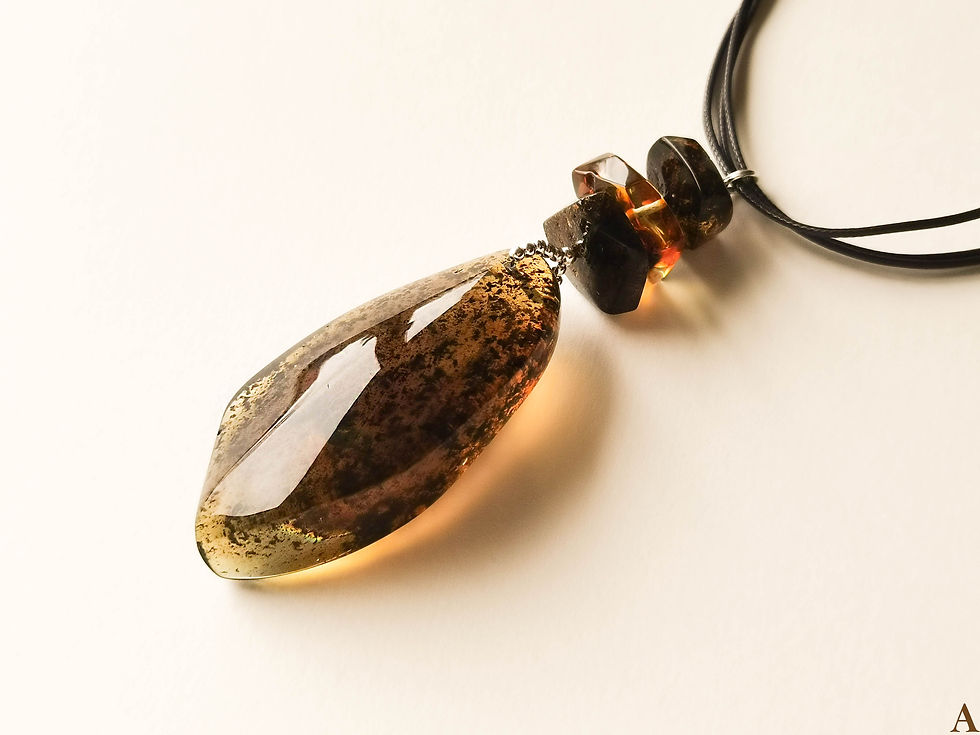 Thumbnail: Natural Baltic amber dark green and brown colors pendant on adjustable necklace