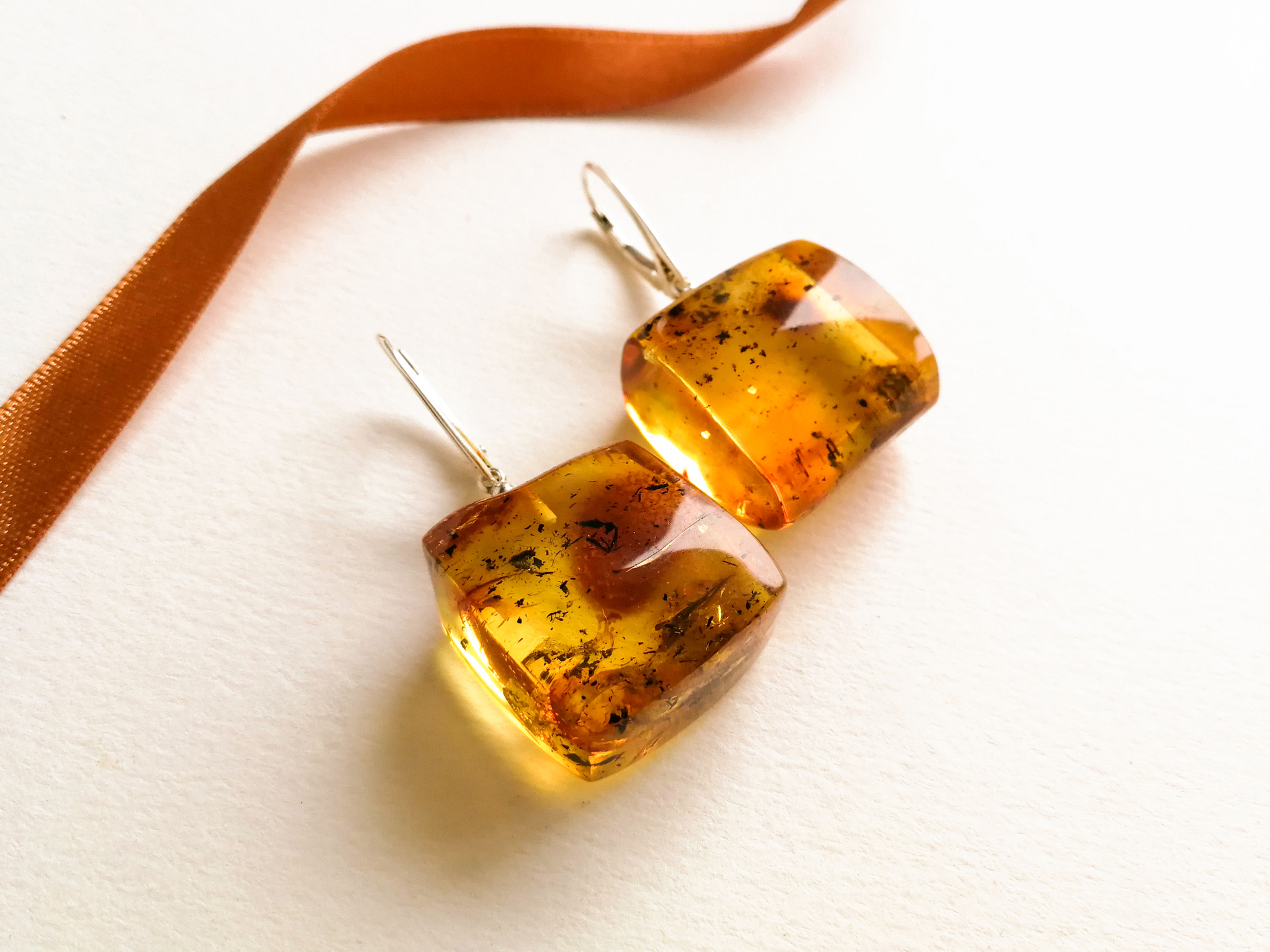 Light green color natural amber earrings in cube/ rectangular shape