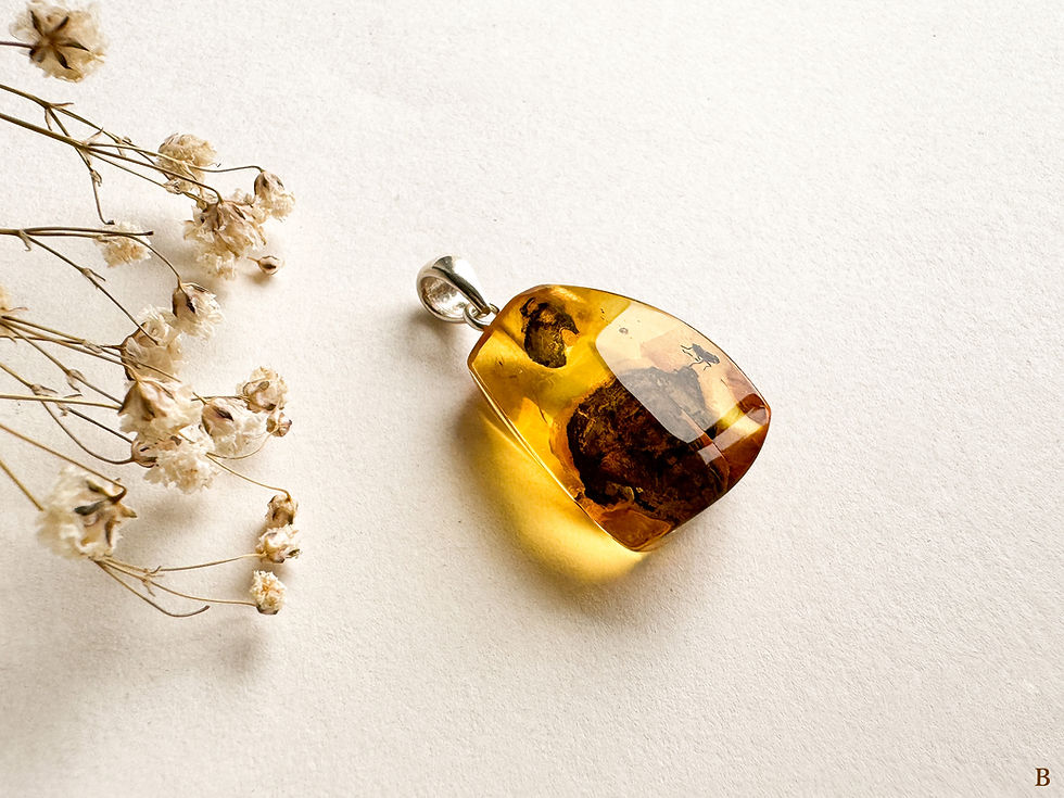 Thumbnail: Yellow and green colors small rectangle shape natural amber pendant with insects