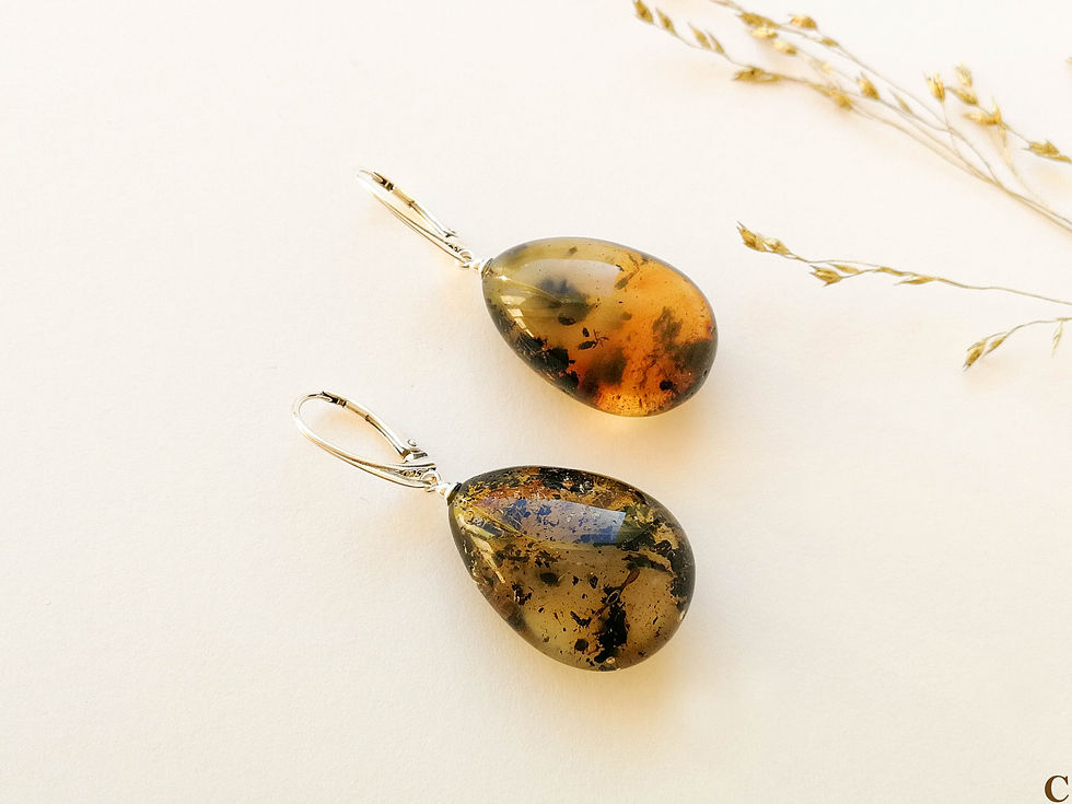 Thumbnail: Large green color natural amber drop earrings