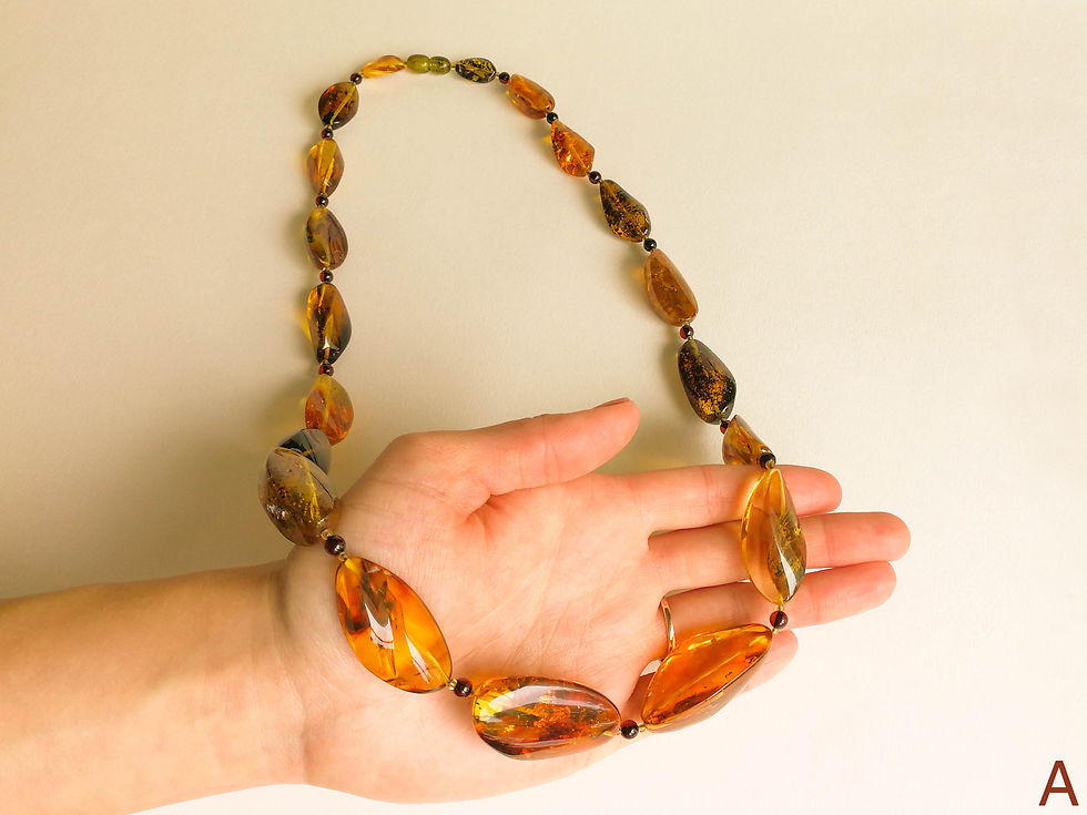 Thumbnail: Dark cognac and green natural amber twisted beads necklace