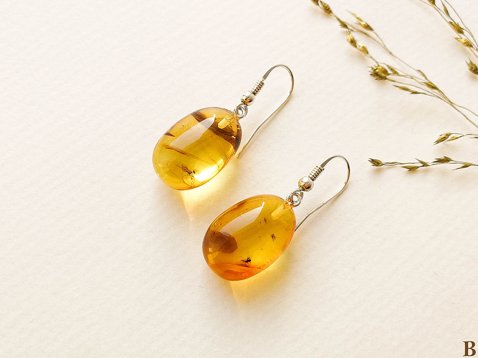 Thumbnail: Very small oval shape natural amber lemon color earrings with insects