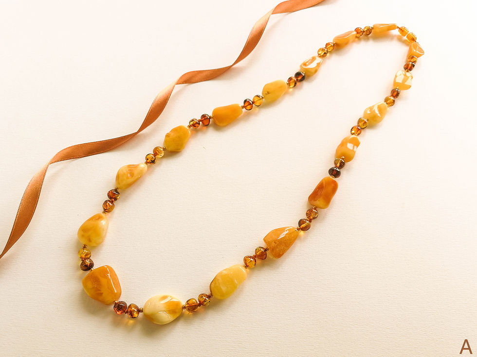 Thumbnail: Natural amber matt yellow free form beads and cognac color baroque necklace