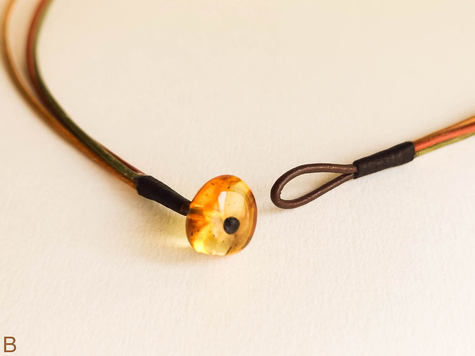 Thumbnail: Mix color natural leather necklace from 3 strands with amber bead clos