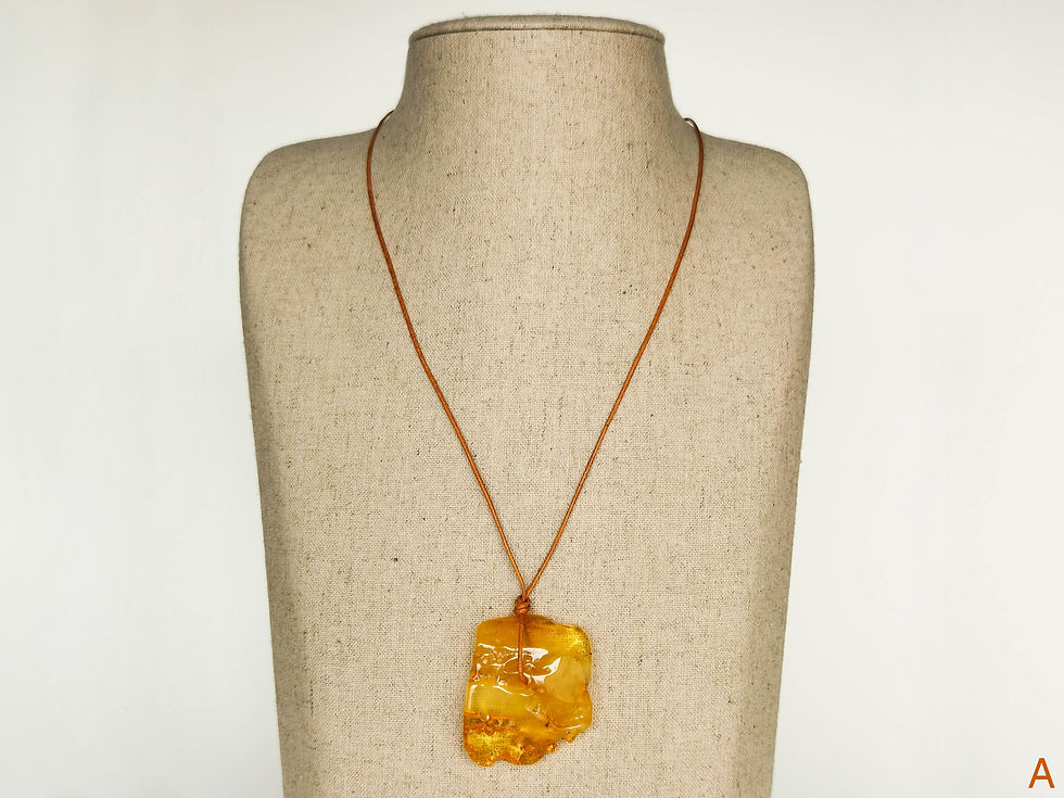 Thumbnail: Matt yellow color natural amber pendant on leather strand with natural hole