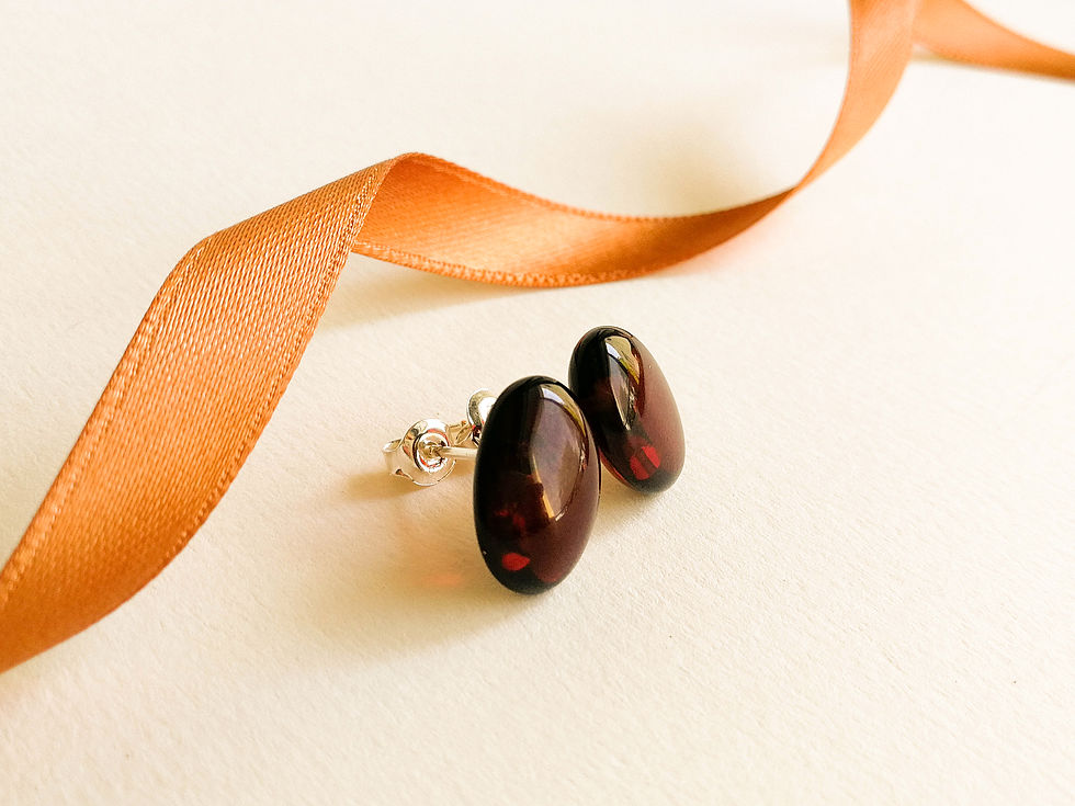 Thumbnail: Dark cherry color oval shape amber stud earrings