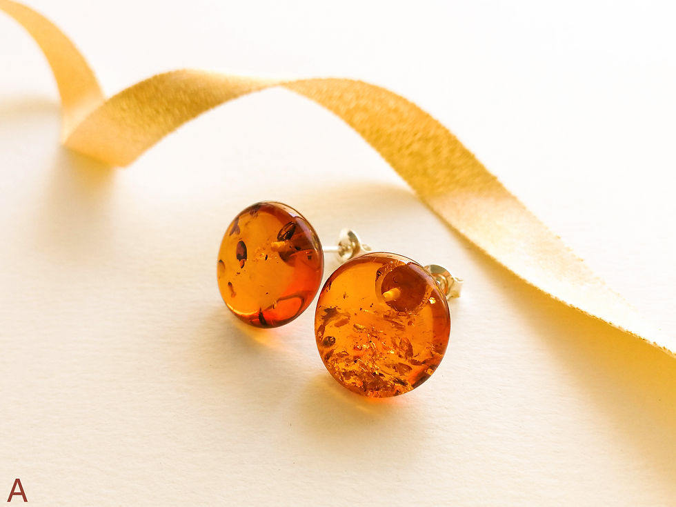 Thumbnail: Large cognac color flat round shape amber stud earrings