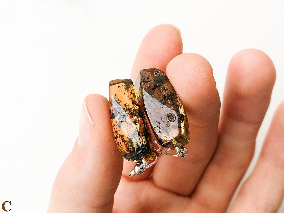 Thumbnail: Small natural amber rectangle green color dangle earrings