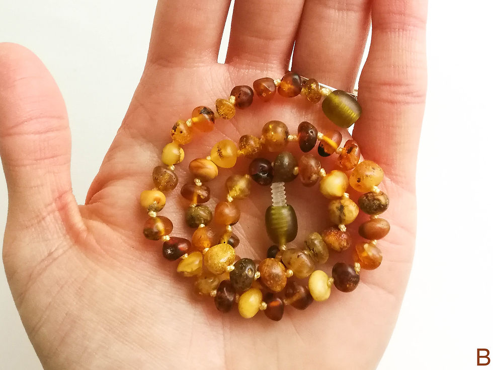 Thumbnail: Natural amber baby teething necklace baroque shape beads green & yellow