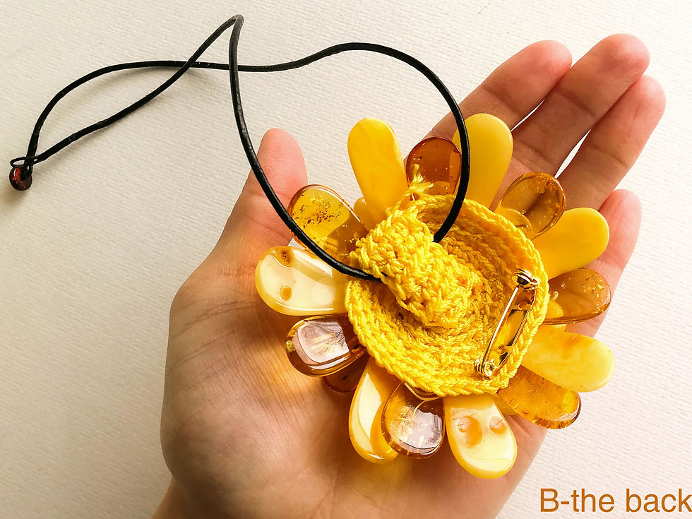 Thumbnail: Large natural matt yellow and lemon colors amber flower pendant/brooch