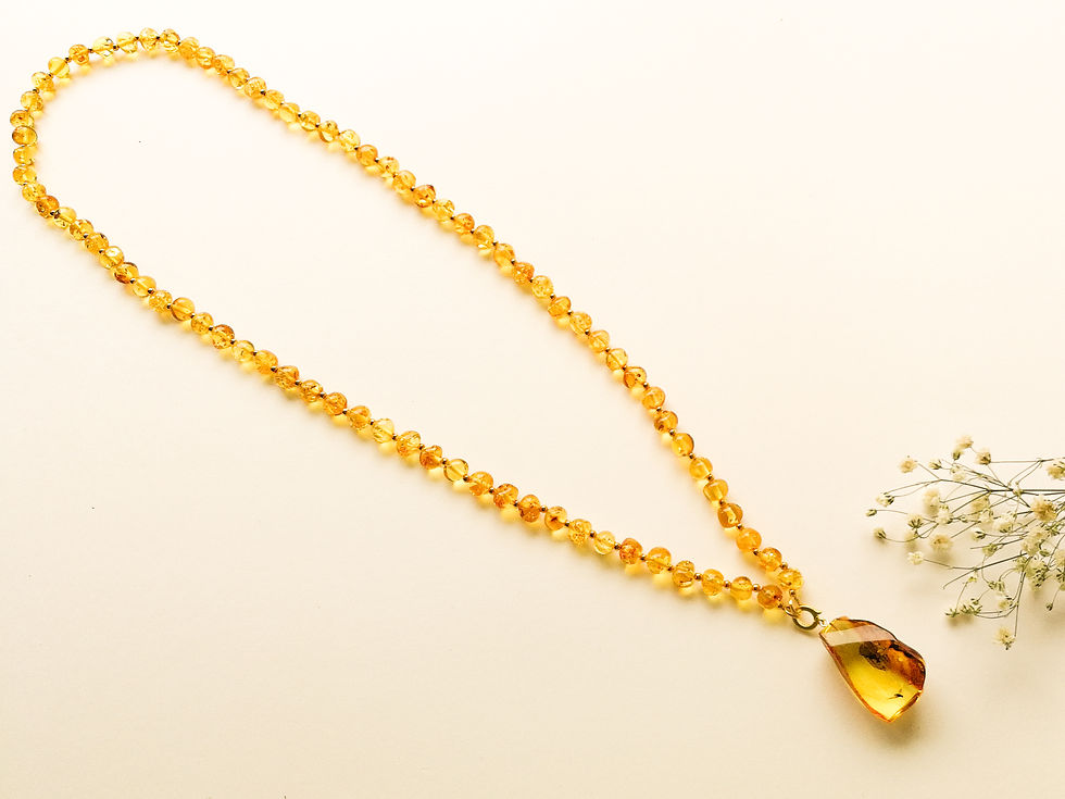 Thumbnail: Amber Pendant with Insect on Shiny Lemon Baroque Beads Necklace