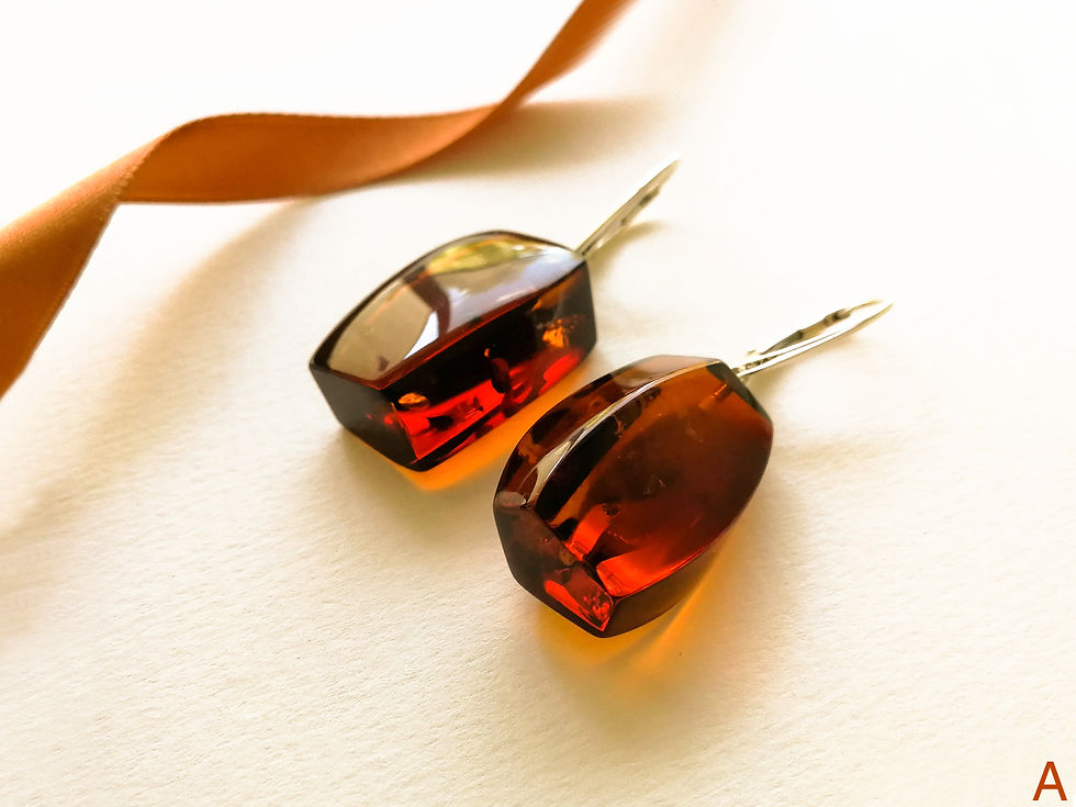 Thumbnail: Dark cherry color shiny rectangle shape natural amber earrings