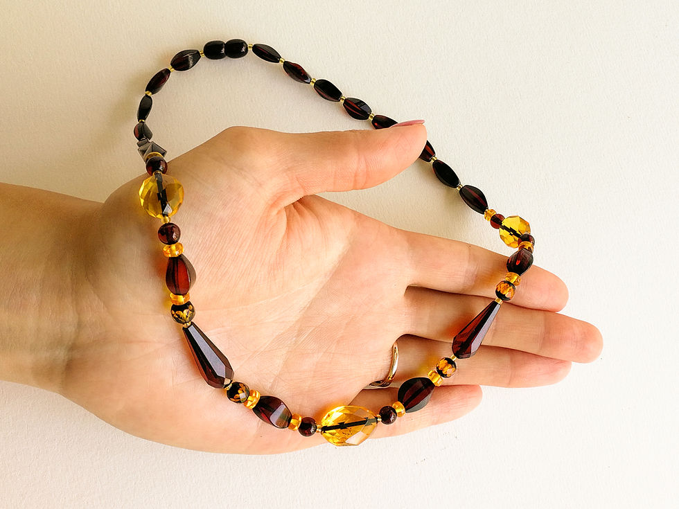 Thumbnail: Luxurious cherry and lemon colors natural amber faceted beads necklace
