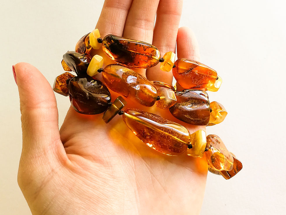 Thumbnail: Cognac and green colors amber natural beads necklace