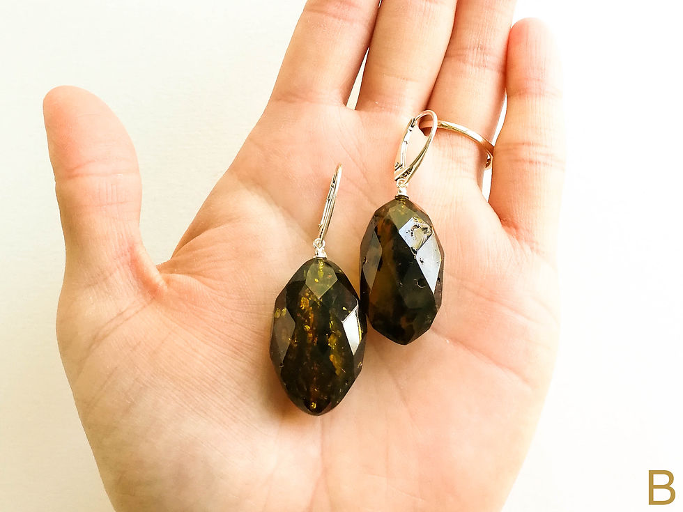 Thumbnail: Dark green color natural amber faceted oval earrings