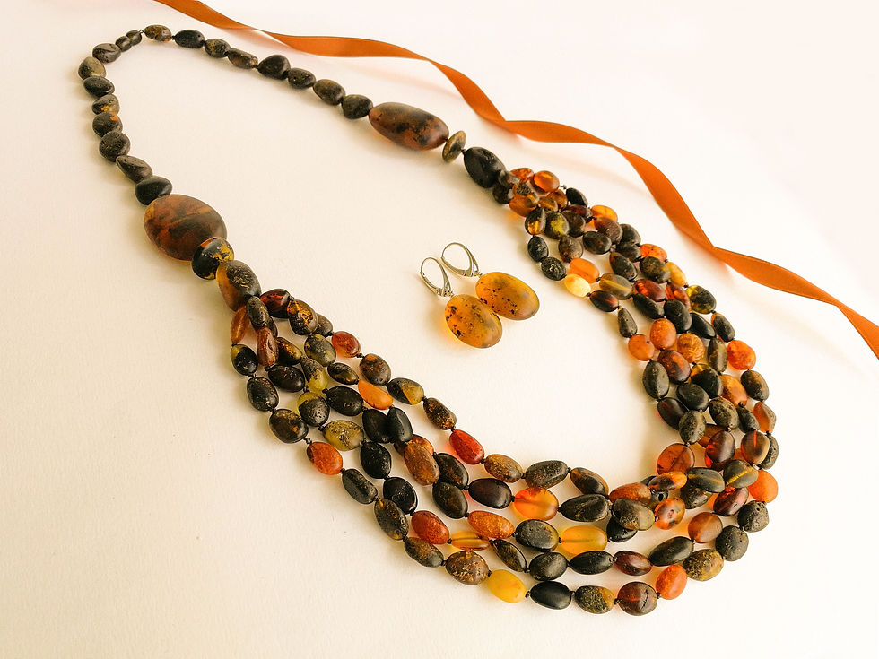 Thumbnail: Frosted style dark mix color amber necklace and oval earrings jewelry set
