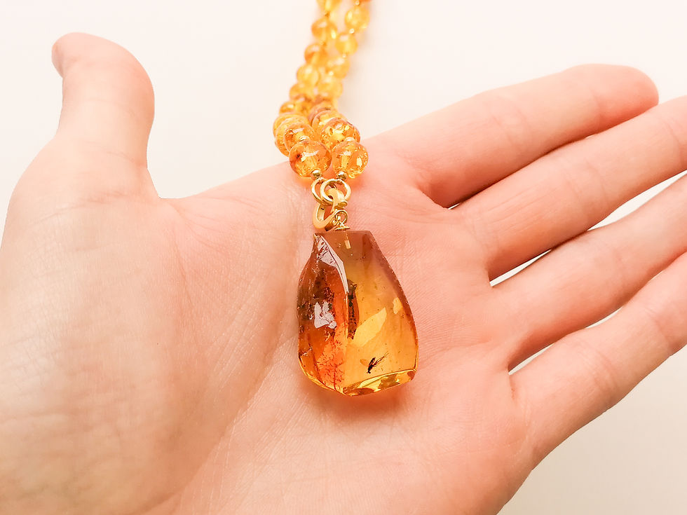 Thumbnail: Amber Pendant with Insect on Shiny Lemon Baroque Beads Necklace