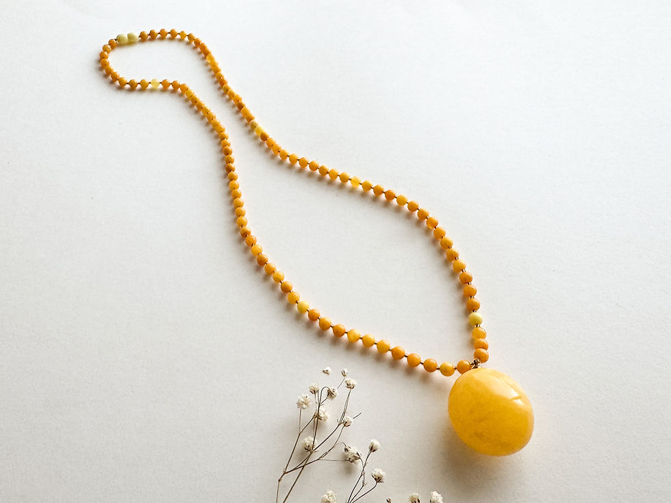 Thumbnail: Not heated matt yellow color oval shape pendant on round beads necklace