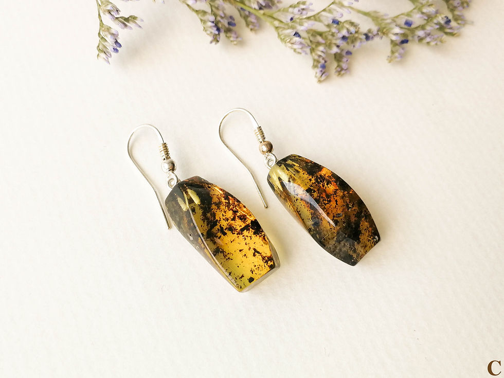 Thumbnail: Small natural amber rectangle green color dangle earrings