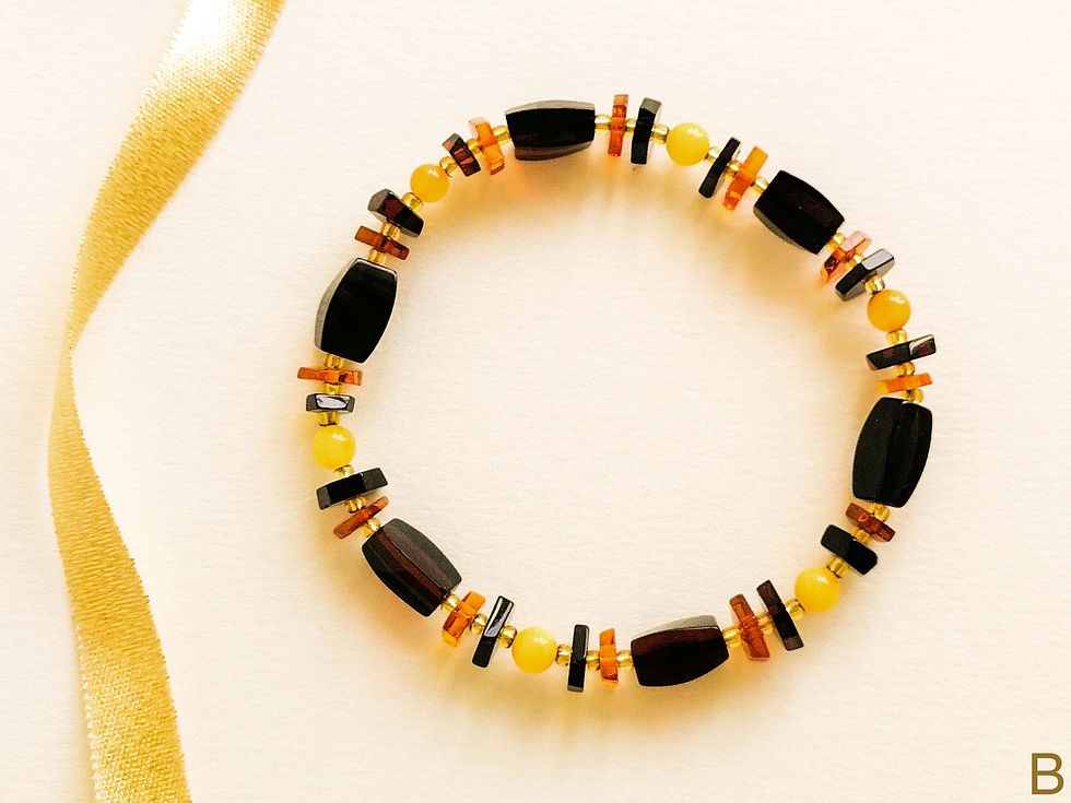 Thumbnail: Rectangle cherry and round yellow beads natural amber bracelet