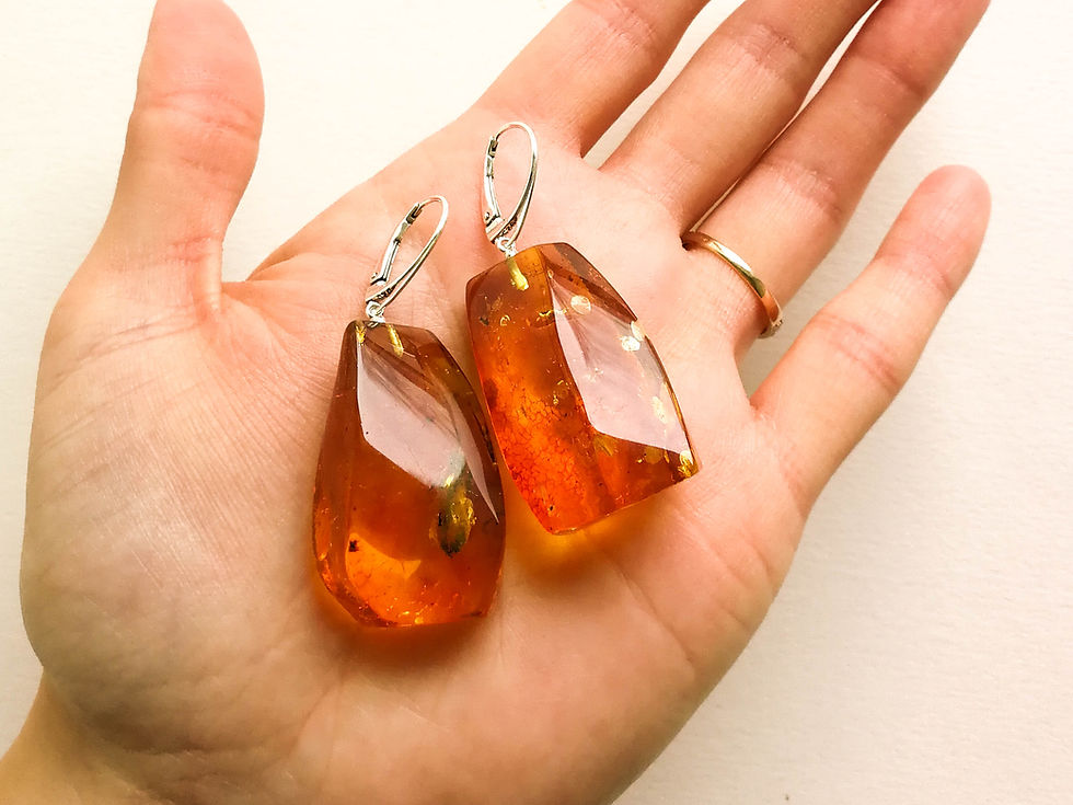 Thumbnail: Cognac color large rectangle shape genuine amber earrings with insects
