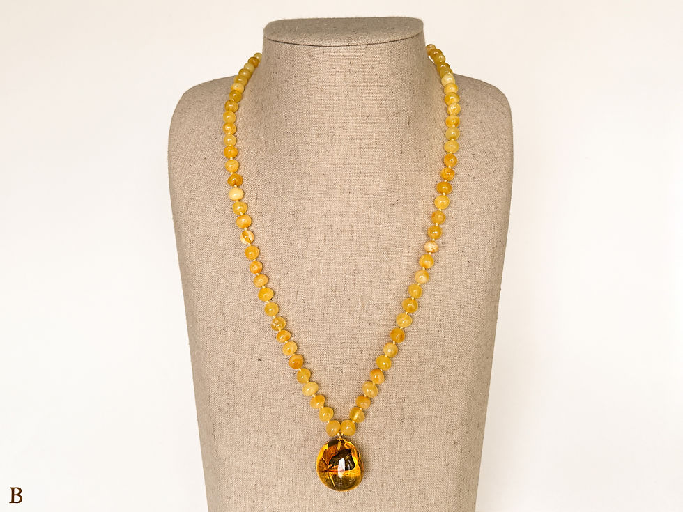 Thumbnail: Clear lemon natural amber pendant with insects on round matt yellow necklace