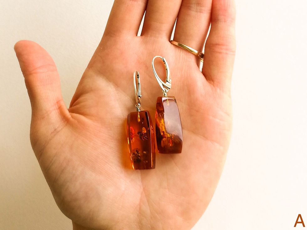 Thumbnail: Bright cognac color rectangle shape natural amber earrings