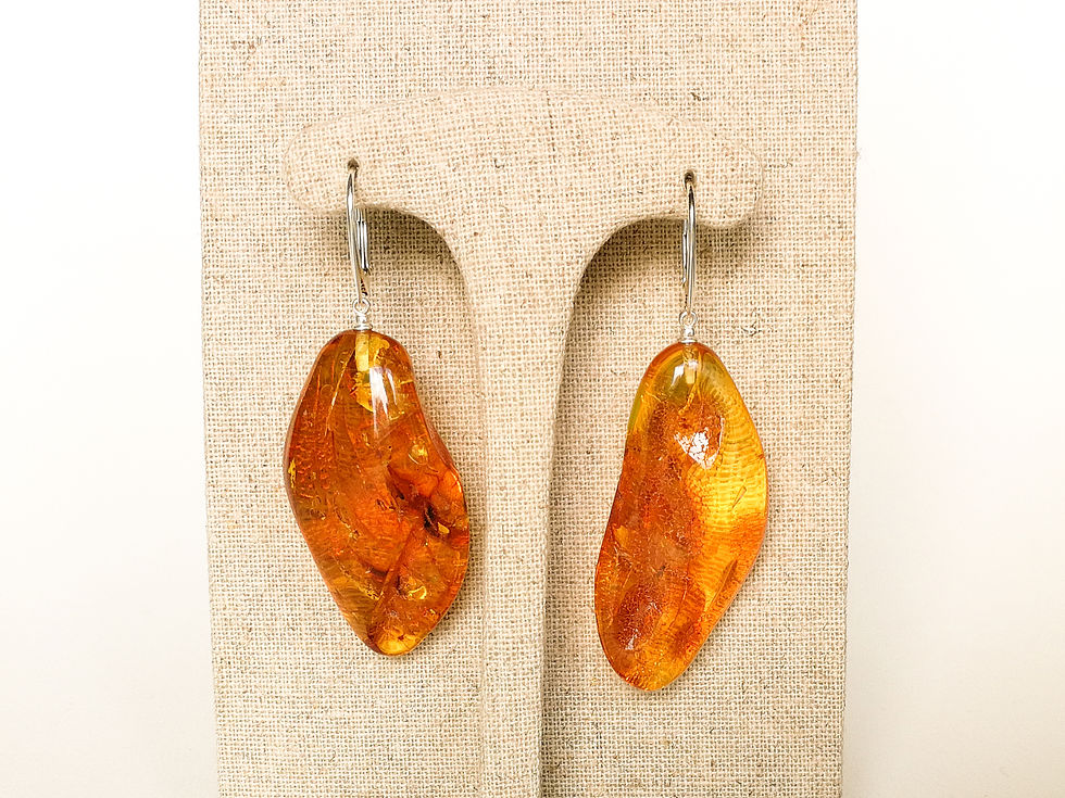 Thumbnail: Large bright cognac color unique drop shape natural amber earrings