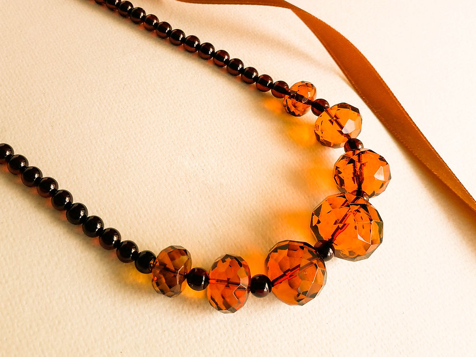 Thumbnail: Faceted dark cognac and round cherry amber beads necklace