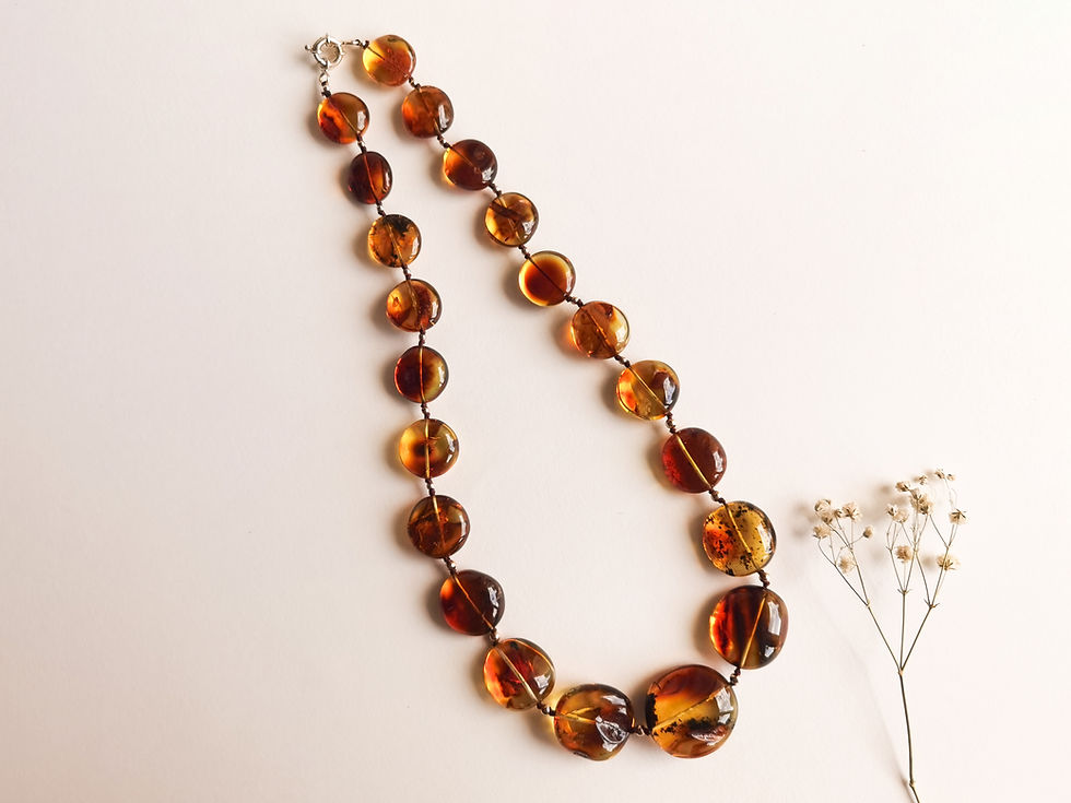 Thumbnail: Large coin shape royal cognac color natural amber statement necklace