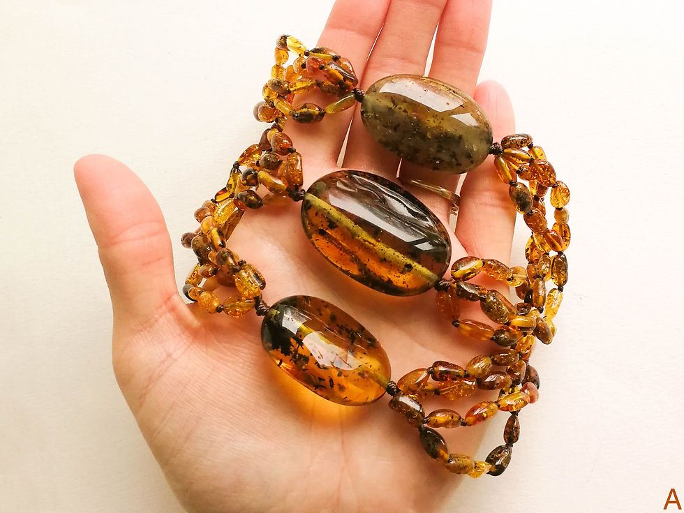 Thumbnail: Mix cognac and mix green colors amber necklace with three stones