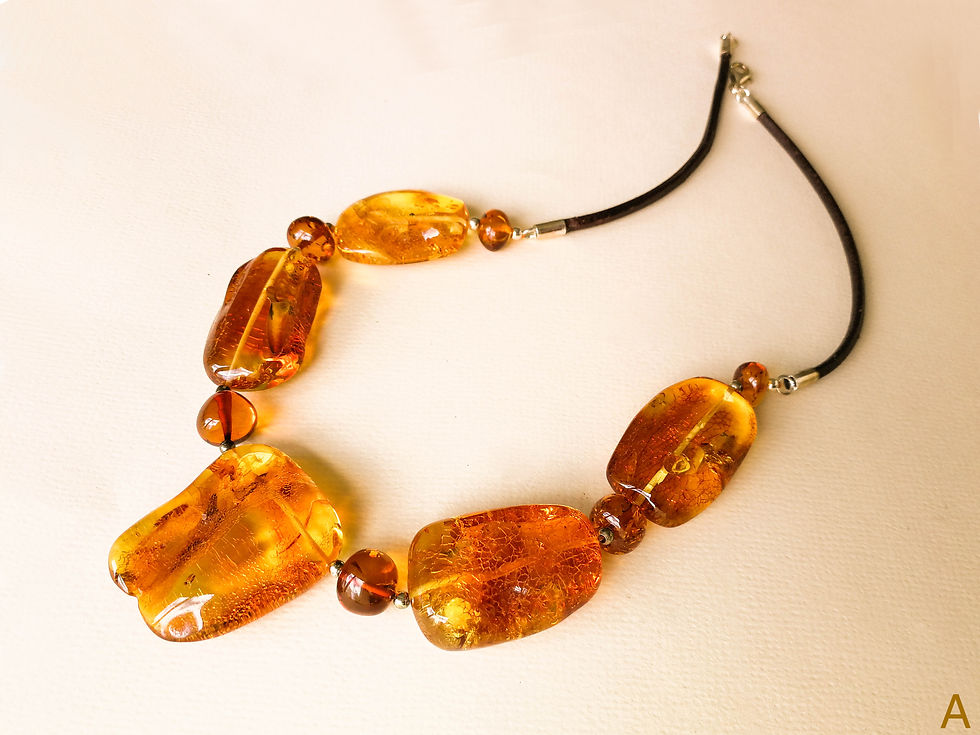 Thumbnail: Cognac color natural amber rectangle beads necklace with leather string