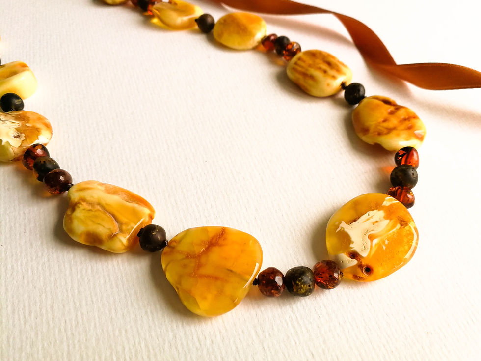 Thumbnail: Genuine caramel & orange colors unique flat beads amber necklace