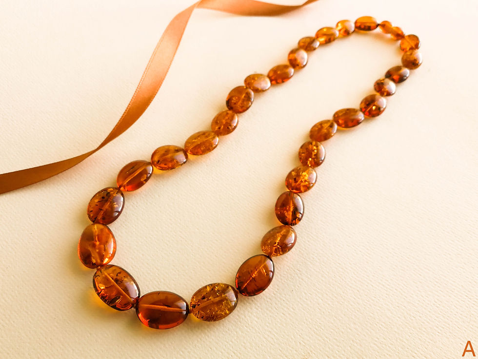Thumbnail: Shiny cognac color oval beads amber necklace