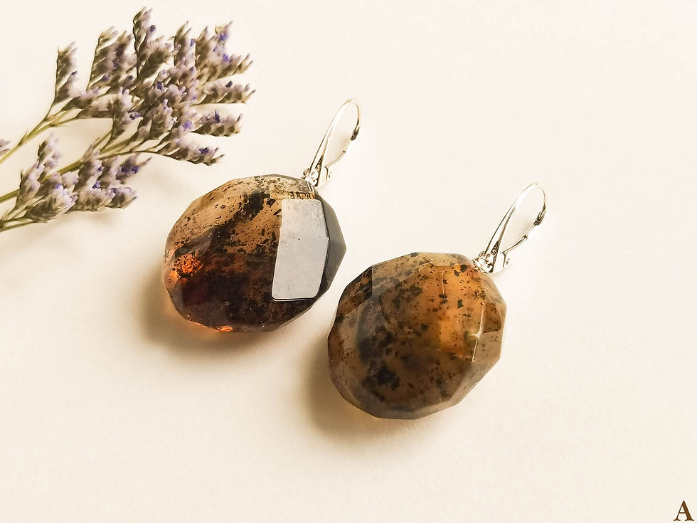 Thumbnail: Natural Baltic amber large faceted dangle earrings in dark green color
