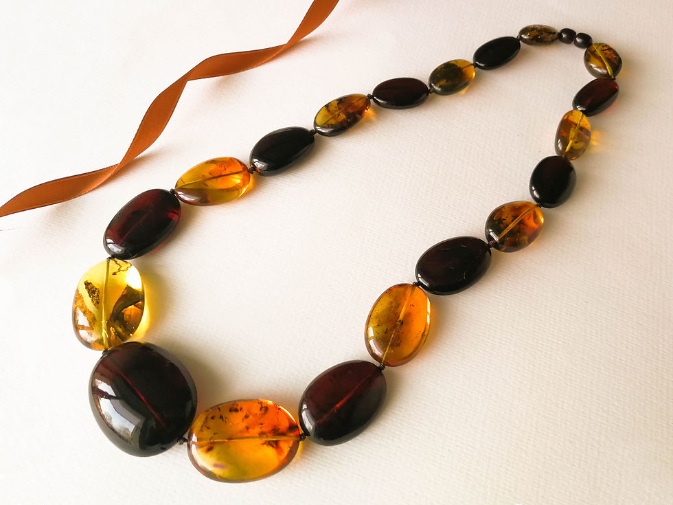 Thumbnail: Very large oval shape natural amber necklace in cherry and greenish cognac