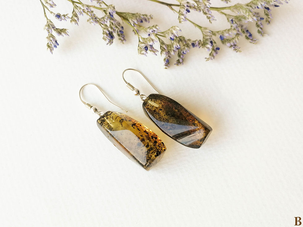 Thumbnail: Small natural amber rectangle green color dangle earrings