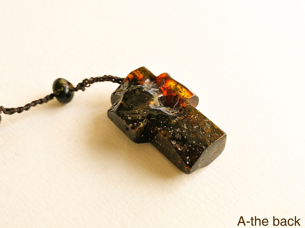 Thumbnail: Natural amber raw black/dark green beads Catholic Rosary with a cross
