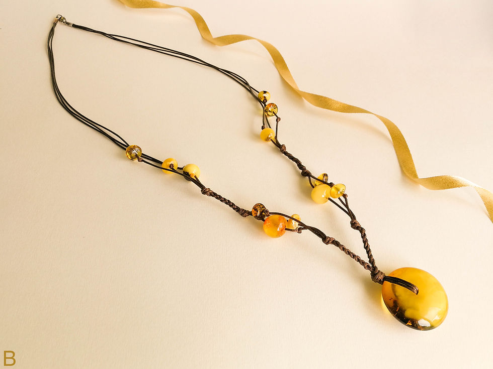 Thumbnail: Matt yellow natural amber large donut long necklace