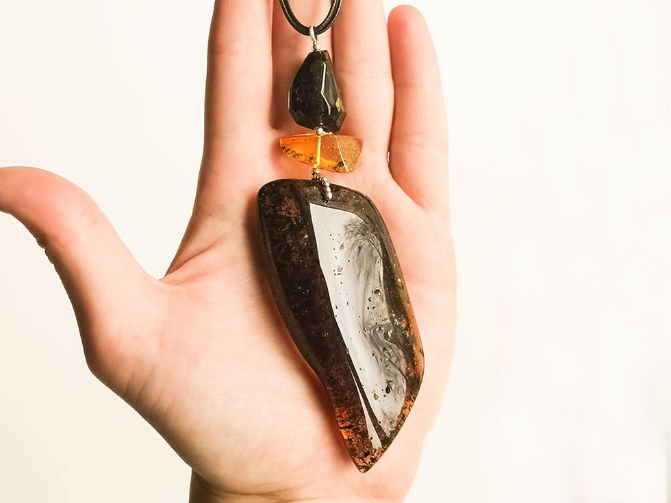Thumbnail: Dark green and brown colors rectangle amber pendant on adjustable necklace