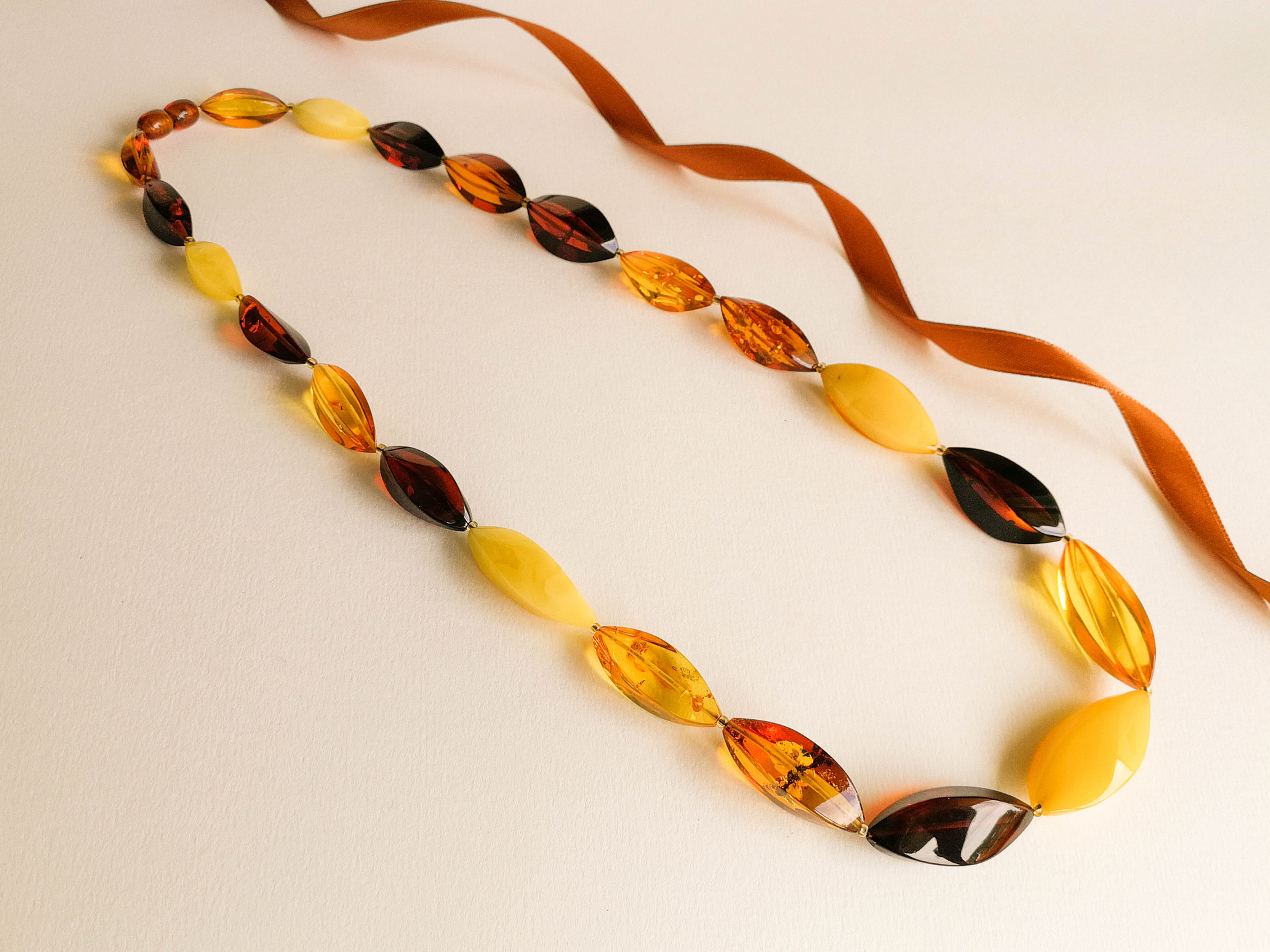 Bright mix color natural amber almond shape beads necklace
